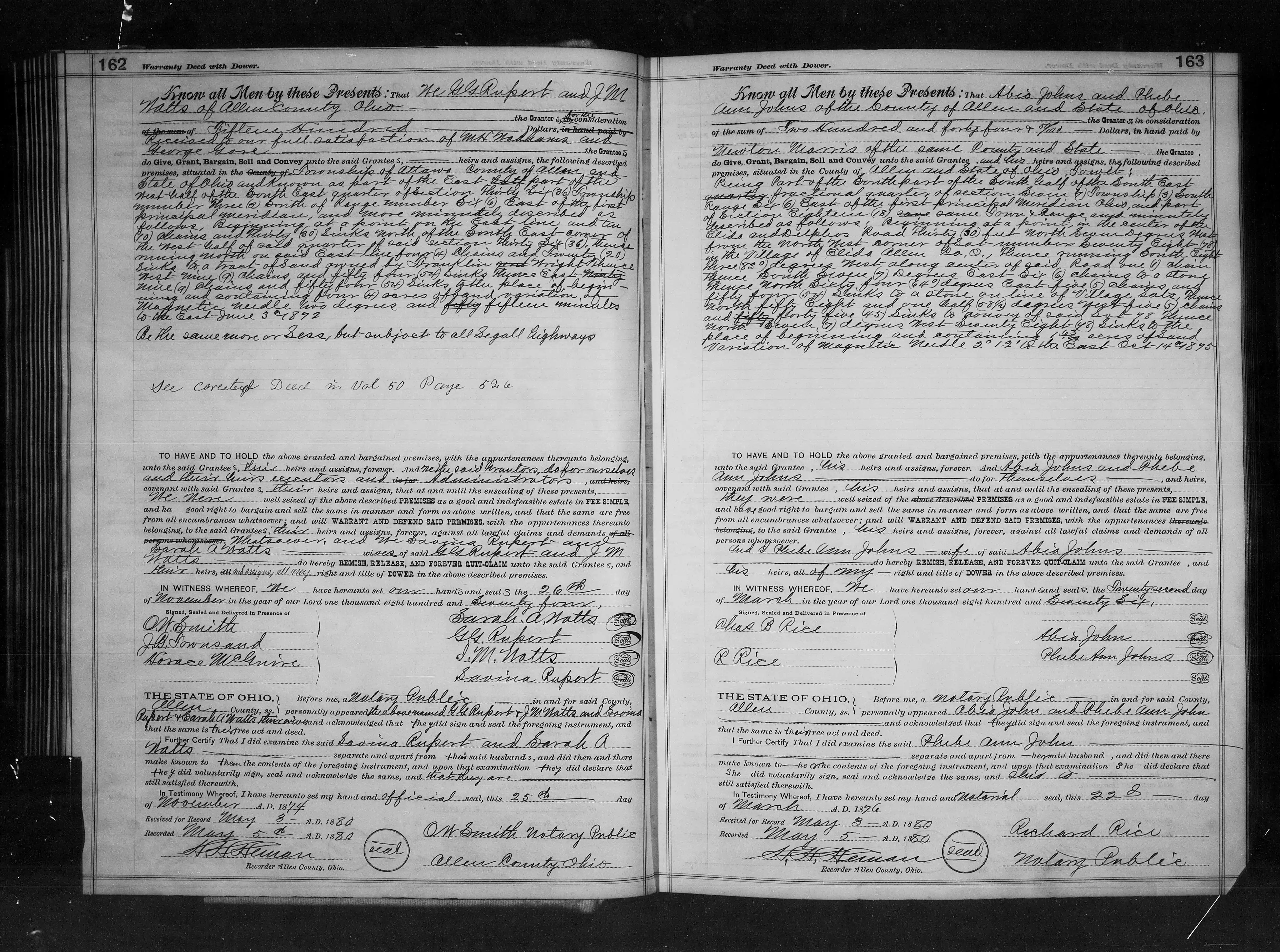 Greenberry G. & Lavina Rupert with J. M. & Sarah Watts Sold 4 Acres, Ottawa, Allen, Ohio, 11-26-1874